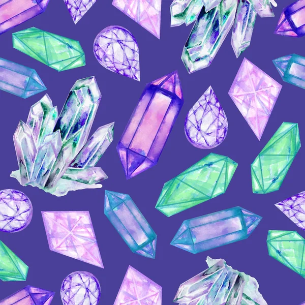 Stijlvolle Doodle Edelsteen Kristal Jewely Rock Aquarel Hand Getekend Naadloos — Stockfoto
