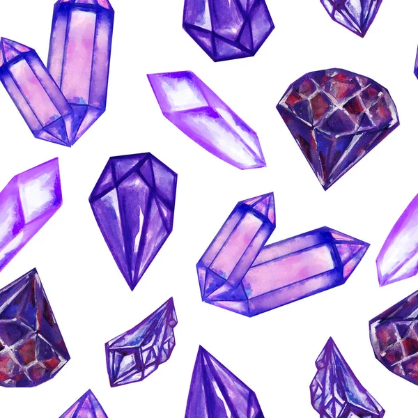 Şık Karalama Taşı Kristal Mücevher Taş Suluboya Çizimi Kusursuz Desen — Stok fotoğraf