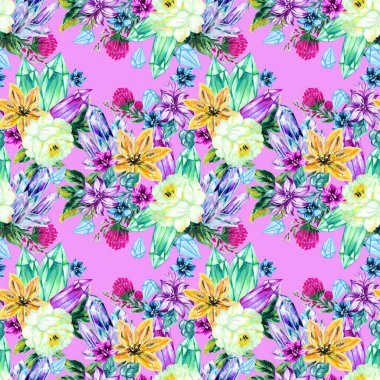 Mücevher kristal ve çiçeklerin dikişsiz suluboya desenleri. Arka planda elle boyanmış, tasarım, baskı, kumaş veya arkaplan resimleri..