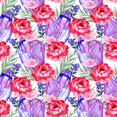 Mücevher kristal ve çiçeklerin dikişsiz suluboya desenleri. Arka planda elle boyanmış, tasarım, baskı, kumaş veya arkaplan resimleri..