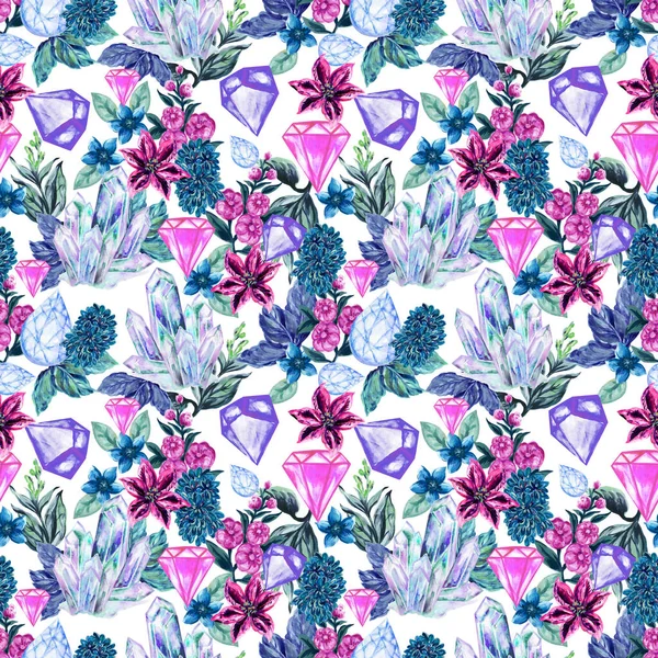 Patrón Sin Costura Acuarela Piedras Preciosas Cristal Flores Composición Abstracta —  Fotos de Stock