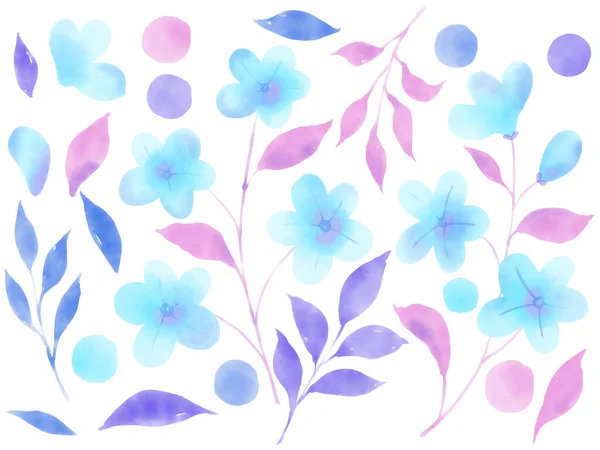 Akvarel Ručně Kreslené Modré Divoké Květy Kvetoucí Listí Japonská Čínská — Stock fotografie