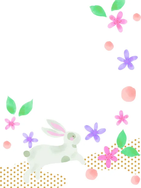 Акварельний Кролик Мила Ілюстрація Кролик Квітами Квітками Орієнтовані Азіатські Гілки — стокове фото