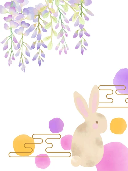 水彩斑斓的兔子可爱的插画带花的兔子东方亚洲花蕾花瓣枝完美的请柬 招贴画 — 图库照片