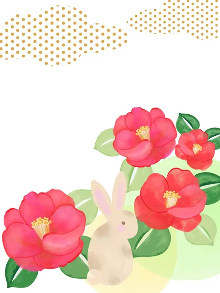 Hand Painting Watercolor Illustration Little Rabbit Adorable Camellia Tsubaki Asian — Stock Photo, Image