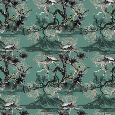 Suluboya Peyzaj Kuşu ve Çam Ağacı. Perde, halı, yatak odası için dikişsiz desenli.