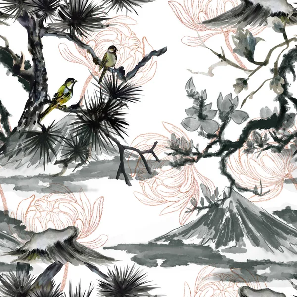 カーテン カーペット ベッドルームのためのアウトライン牡丹シームレスパターンを持つ水彩風景鳥と松の木 — ストック写真