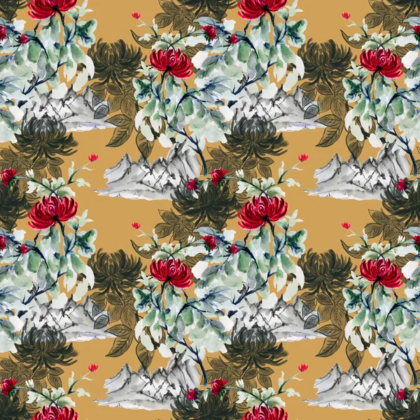 Akvarell Krizantém Illusztráció Virágos Varrat Nélküli Minta Textil Textúra — Stock Fotó