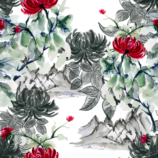 Watercolor Chrysanthemum Illustration Floral Seamless Pattern Textile Texture — 스톡 사진