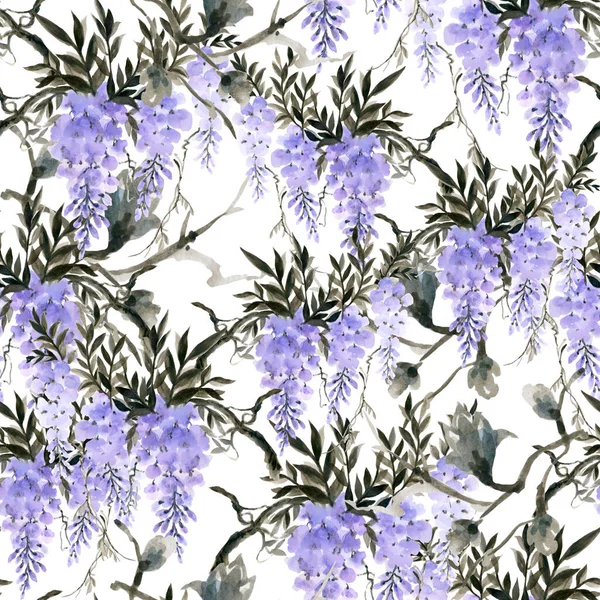 Akvarel Wisteria Fialová Barva Květinové Bezešvé Vzor Pro Textil Textura — Stock fotografie