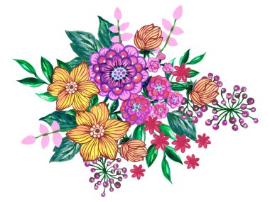 El boyası, çiçeklere yönelik kabile buketi. Pembe, mavi, sarı çiçekler, yeşil yaprak süsü, beyaz arka planda kağıt dokusu. Köşe tasarımı çerçeve ögesi, şablon, dekorasyon.