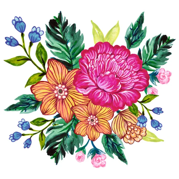 Ζωγραφισμένο Στο Χέρι Λουλούδι Λαϊκή Orient Φυλετικό Μπουκέτο Ροζ Μπλε — Φωτογραφία Αρχείου