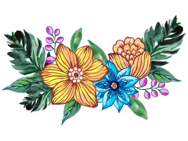 Ręcznie Malowane Kwiaty Ludowe Orientalny Bukiet Plemienny Różowe Niebieskie Żółte — Zdjęcie stockowe