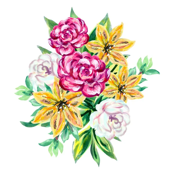 Hand painted watercolor rose, peony, lily, tulip bouquet. Pink, blue, yellow flowers, green leaf ornament, paper texture on white background. Corner design frame element, template, decoration.
