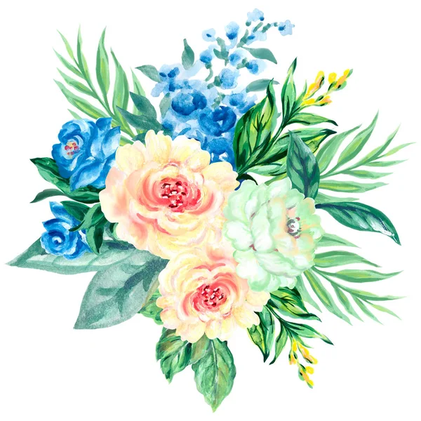 Ręcznie Malowany Akwarela Róża Piwonia Lilia Tulipan Bukiet Różowe Niebieskie — Zdjęcie stockowe