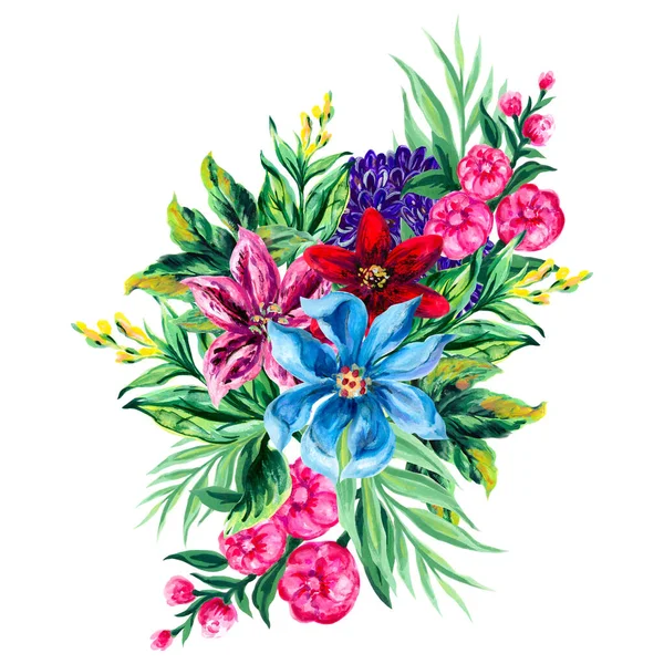 Ручна Розписана Акварельна Троянда Півонія Лілія Букет Тюльпанів Рожеві Сині — стокове фото