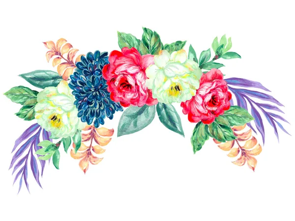 Kézzel Festett Akvarell Rózsa Bazsarózsa Liliom Tulipán Csokor Rózsaszín Kék — Stock Fotó