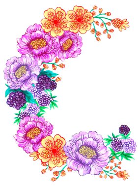 Watercolor Illustration buket oryantasyon Japonya asain tarzı şakayık kiraz çiçeği yeşil yapraklar davetiye kartı için arka plan