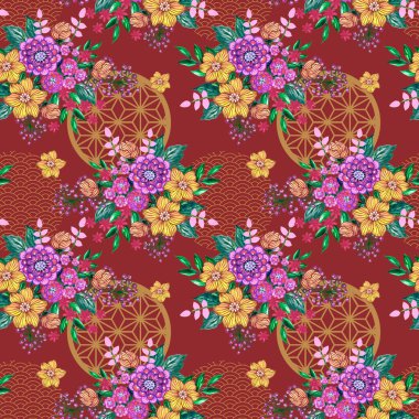 Grafikler için kusursuz desenli botanik Asya çiçeği soyut gül şakayıkları. Stok illüstrasyonu, desen, moda, davet