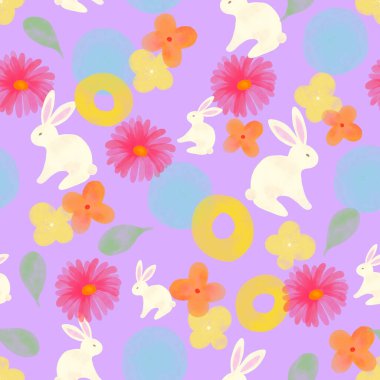 Seamless pattern with rabbit cartoons, oriental flowers and cute botanical blossom background. Nursery wallpaper, textile or wrapping paper illustration, interior disign