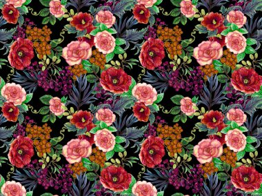 Night Garden rose peony berry and coffee bouquet blooming meadow, seamless pattern, plant background for fashion, wallpaper,vintage floral design.