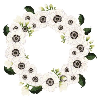 Çelenk çerçeve etiketi sınır şablonu l Çiçekler Buketi, tebrik kartı için botanik illüstrasyon, dijital baskı, davetiye, ürün tasarımı