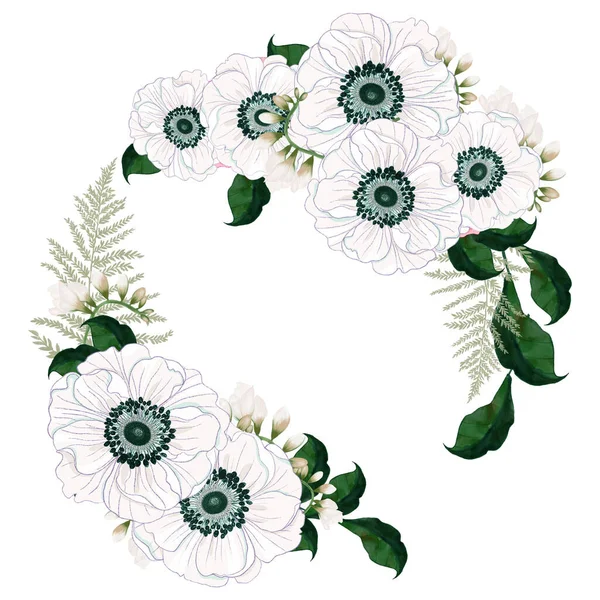 Wieniec Ramka Etykieta Baner Obramowanie Szablon Kwiaty Bukiet Ilustracja Botaniczna — Zdjęcie stockowe