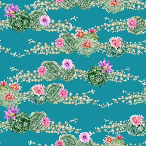 Sukulenty Kaktusowe Rośliny Bezszwowe Tło Szablon Kwiaty Bukiet Ilustracja Botaniczna — Zdjęcie stockowe