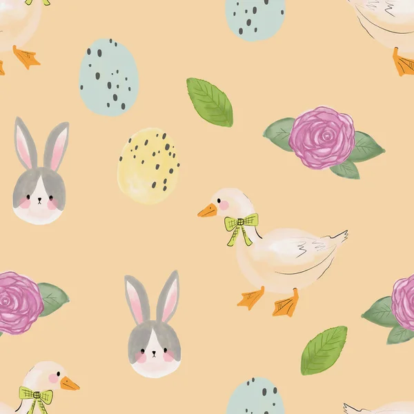 Cute bunny rabbit and duck i flowers blooming seamless pattern in cartoon style seamless repeat can be used for wallpaper, fashion,interior