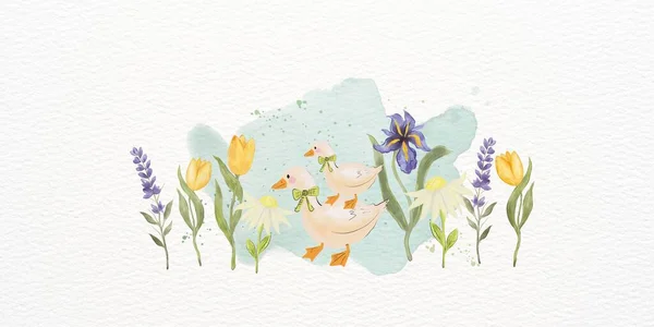 Happy Easter Aquarelkaarten Border Banner Schattig Konijn Eieren Eendenveer Bloemen — Stockfoto