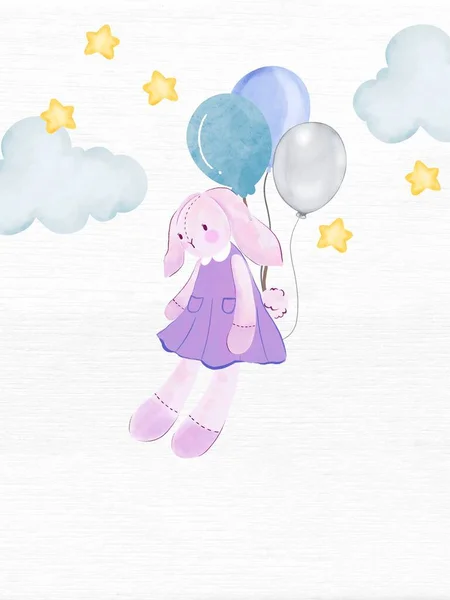 かわいいキャラクターバニーウサギの水彩イラスト招待状 プリントカード お祝いの休日 パーティー — ストック写真