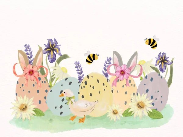 Mutlu Paskalya Şablonları Şirin Ördek Kulak Tavşanı Yumurta Bahçesi Ürün — Stok fotoğraf