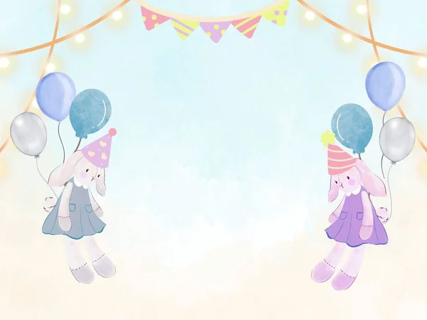 Happy Birthday Watercolor Cards Border Banner Cute Rabbit Balloon Pastel — Stock Photo, Image