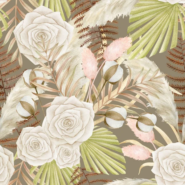 Акварельний Тропічний Кліпарт Листям Квітка Білої Троянди Суха Флора Трава — стокове фото