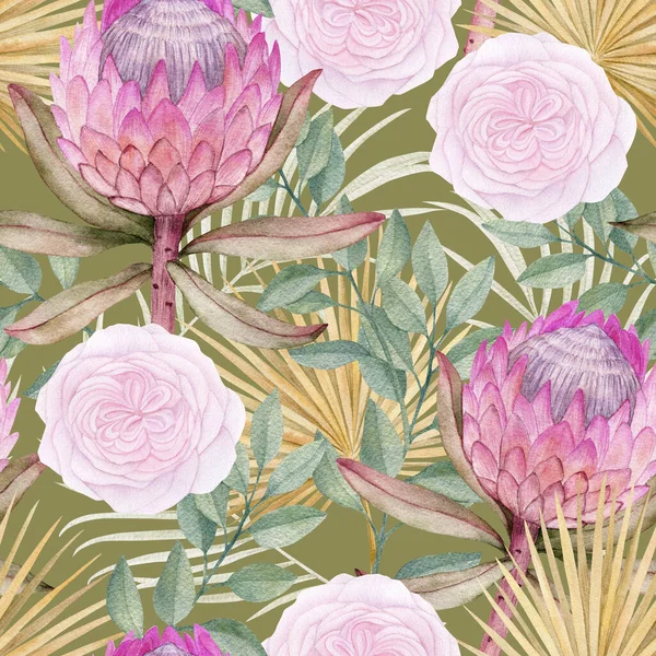 Akvarell Trópusi Előfizető Levelekkel Protea Király Angol Rózsa Virág Száraz — Stock Fotó