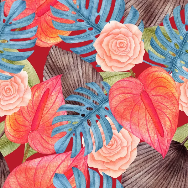 Akvarell Trópusi Előfizetői Levelek Anthurium Rózsa Virág Száraz Növény Pampa — Stock Fotó