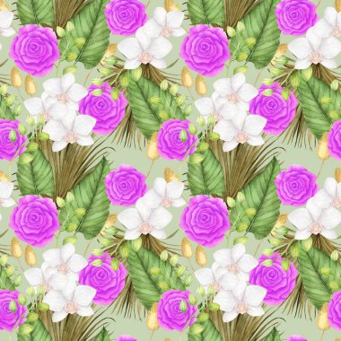 Suluboya resimli yapraklı renkli tropikal çiçek, El boyalı suluboya egzotik orman mevsimi moda, kumaş, kağıt, iç mekan için kusursuz desen tasarımı