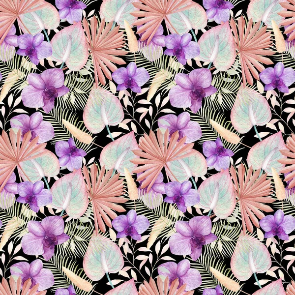 Υδατογραφία Εικονογράφηση Πολύχρωμο Τροπικό Λουλούδι Φύλλα Ζωγραφισμένα Στο Χέρι Ακουαρέλα — Φωτογραφία Αρχείου