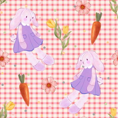 Şirin tavşan lale çiçekleri karikatür stilinde kusursuz desenli havuç açan sakura duvar kâğıdı, moda ve iç mekan için kullanılabilir.