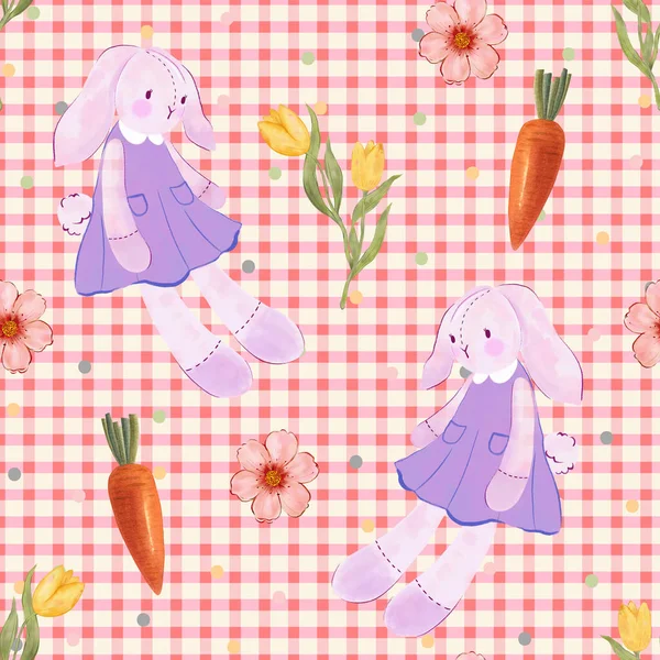 Schattig Konijn Tulp Bloemen Sakura Bloeiende Wortel Naadloos Patroon Cartoon — Stockfoto