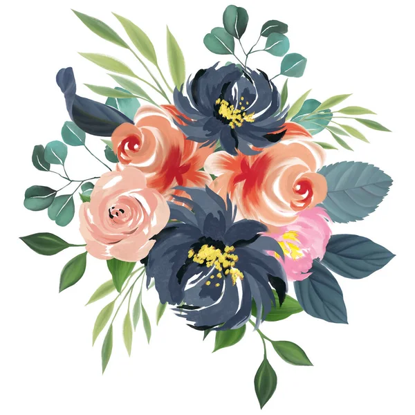 Mały Bukiet Kwiatów Liści Rysunek Ilustracja Cyfrowy Clipart Zaproszenie Powitanie — Zdjęcie stockowe