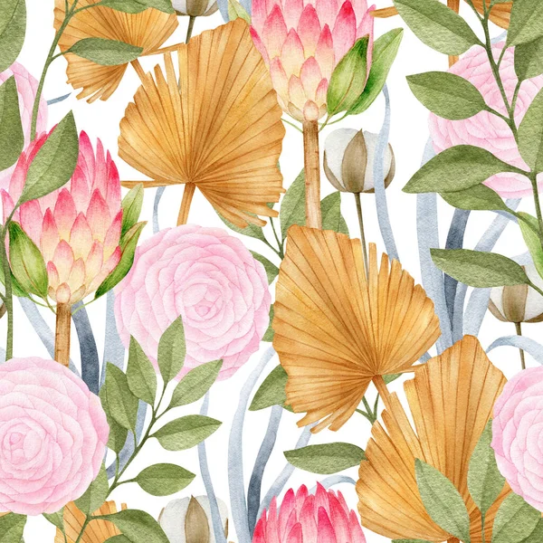 Watercolor Tropical Clipart Leaves Camellia King Protea Flower Dry Flora — Stock Photo, Image