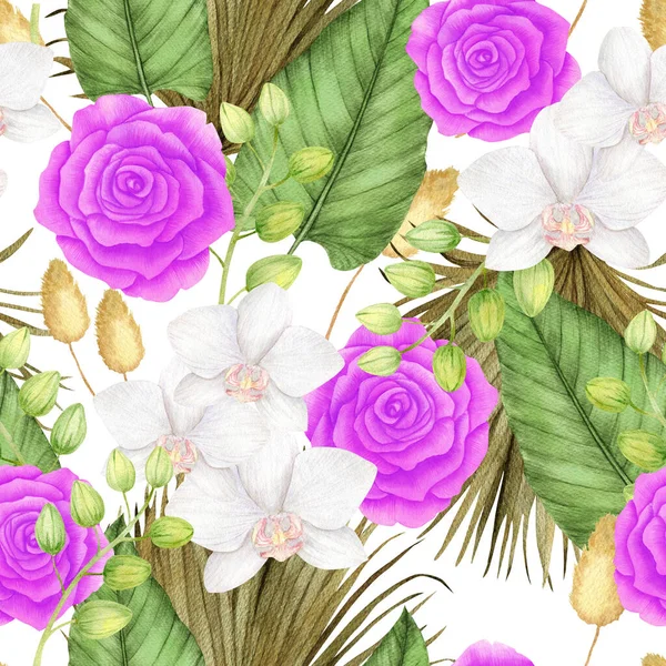 Akvarell Trópusi Előfizetői Levelek Rózsa Orchidea Virág Száraz Növény Pampa — Stock Fotó