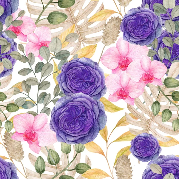 Тропічна Клітка Листям Англійська Квітка Rose Andpibk Orchid Суха Флора — стокове фото