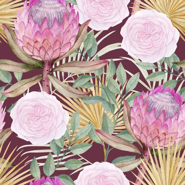 Clipart Tropical Aquarela Com Folhas Rei Protea Inglês Rosa Flor — Fotografia de Stock