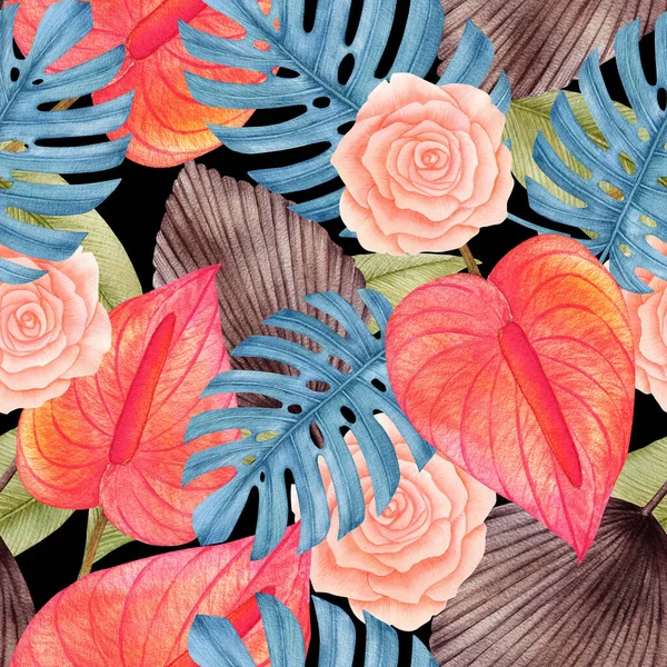 Akvarell Trópusi Előfizetői Levelek Anthurium Rózsa Virág Száraz Növény Pampa — Stock Fotó