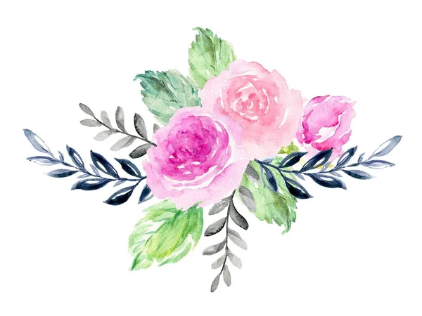 Rosa Acuarela Ilustración Pintura Ramo Flores Plantas Para Tarjetas Felicitaciones — Foto de Stock