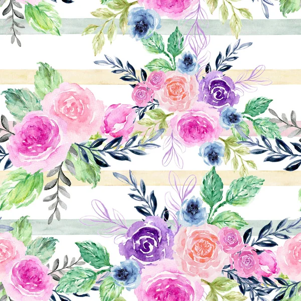Vintage Rose Sweet Floral Seamless Pattern Aquarelle Illustration — Stock Photo, Image