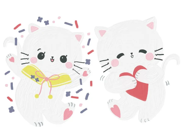 Χαριτωμένο Λευκό Χαρακτήρα Γάτα Kawaii Όμορφο Στυλ Doodle Συγκίνηση Αντικείμενα — Φωτογραφία Αρχείου