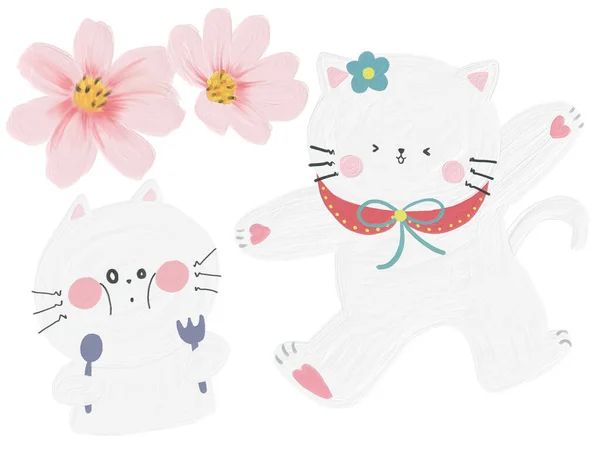 Cute White Cat Character Kawaii Pretty Style Doodle Emotion Objects — Stock Photo, Image